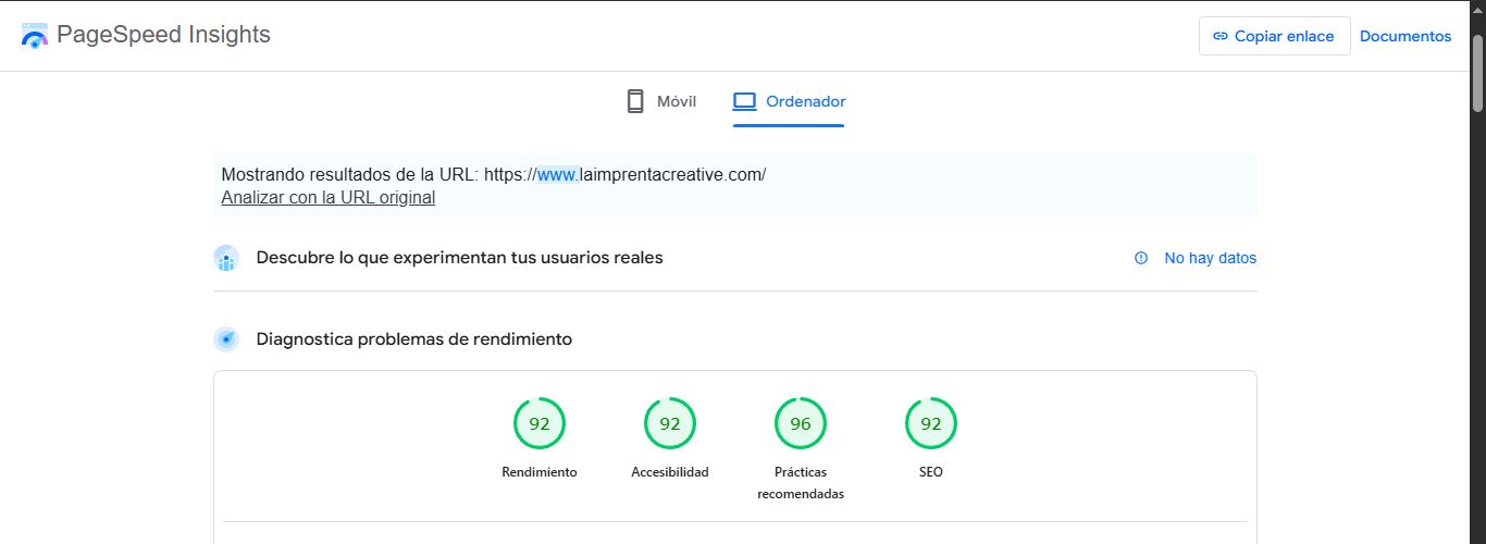 Google PageSpeed Insights - Imprenta Creative - Puntuación 92, 96, 96, 96